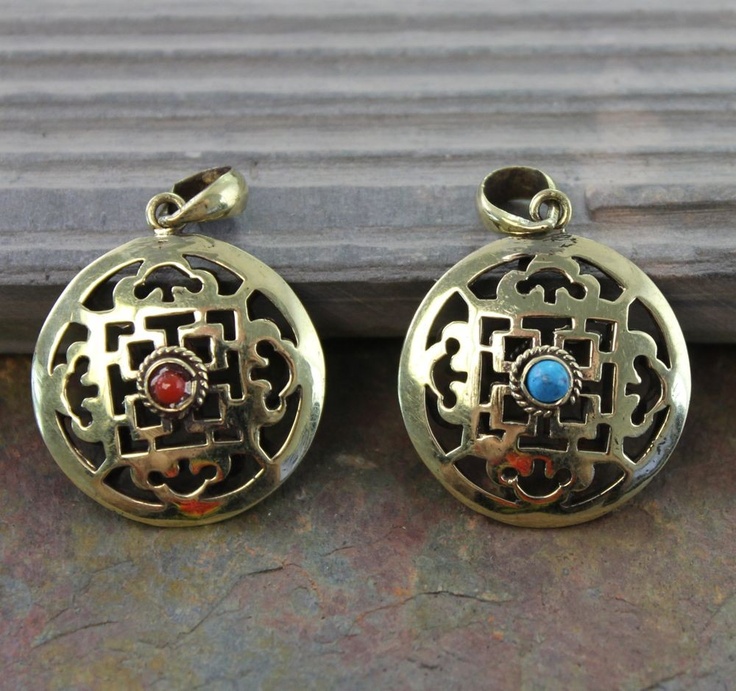 Nepal Retro Handmade Hollow Pattern Esoteric Buddhism Turquoise And Red Coral Copper Pendant